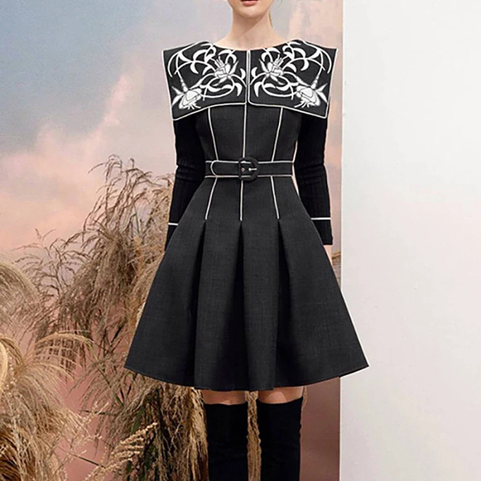 SUPER WHOLESALE | Floral Embroidered Waist-Cinching Dress