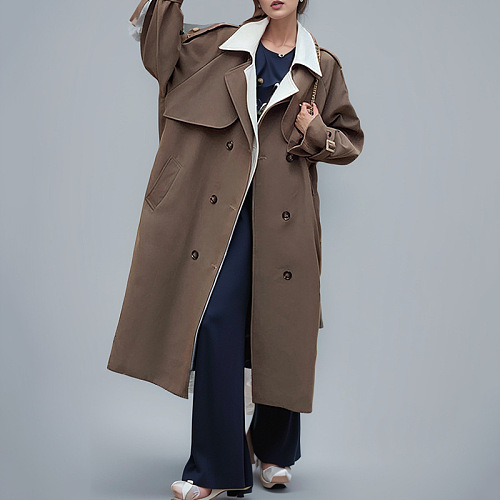 SUPER WHOLESALE | Contrast Double-Breasted Patchwork Trench Coat