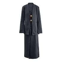SUPER WHOLESALE | Striped V-Neck Slit Dress With Loose Blazer Two-Piece Set