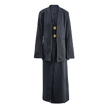 SUPER WHOLESALE | Striped V-Neck Slit Dress With Loose Blazer Two-Piece Set