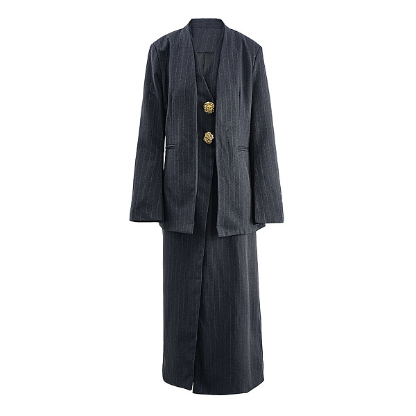 SUPER WHOLESALE | Striped V-Neck Slit Dress With Loose Blazer Two-Piece Set