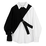 SUPER WHOLESALE | Collared Long-Sleeve Loose Shirt With One-Shoulder Knit Overlay