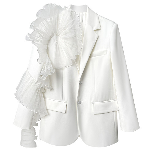 SUPER WHOLESALE | Single-Breasted Patchwork Mesh Ruffle-Sleeve Blazer
