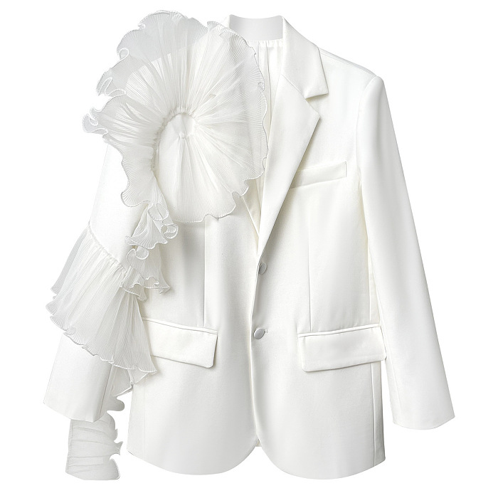 SUPER WHOLESALE | Single-Breasted Patchwork Mesh Ruffle-Sleeve Blazer