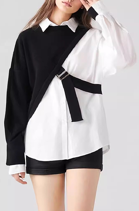 SUPER WHOLESALE | Collared Long-Sleeve Loose Shirt With One-Shoulder Knit Overlay