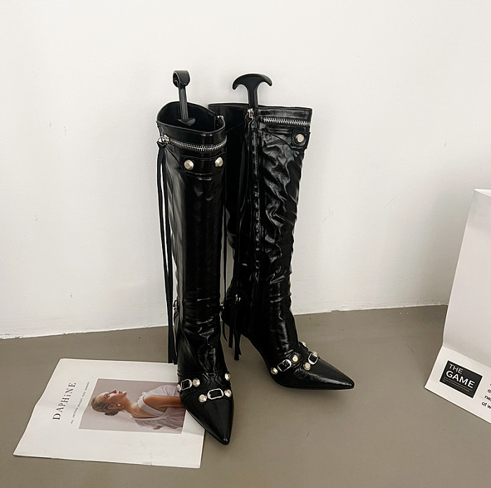 SUPER WHOLESALE | High-Heel Studded Side-Zip Over-The-Calf Boots