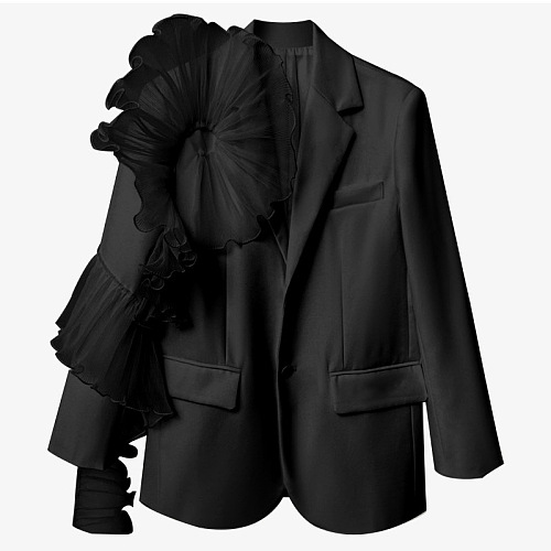 SUPER WHOLESALE | Single-Breasted Patchwork Mesh Ruffle-Sleeve Blazer