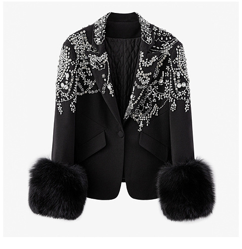 SUPER WHOLESALE | Rhinestone-Embellished Black Fuzzy Cuff Coat