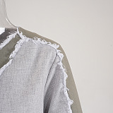 SUPER WHOLESALE | Frayed Hem Patchwork Asymmetric Top