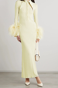 SUPER WHOLESALE | Feather Cuff High-Waist Bodycon Long-Sleeve Dress