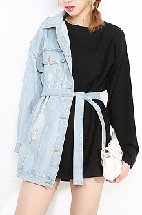 SUPER WHOLESALE |Patchwork Denim Belted Waist Hoodie