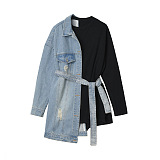 SUPER WHOLESALE |Patchwork Denim Belted Waist Hoodie