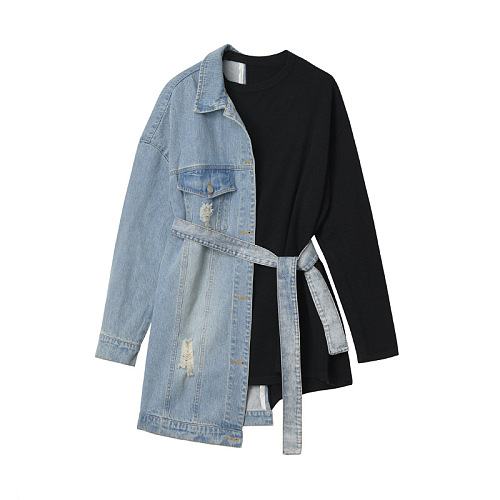 SUPER WHOLESALE |Patchwork Denim Belted Waist Hoodie