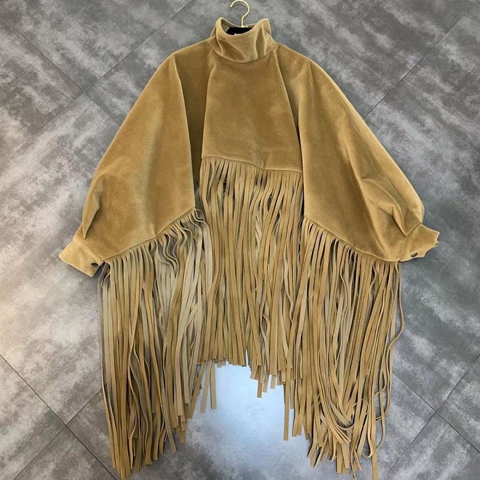 SUPER WHOLESALE | Batwing-Sleeve Faux Mink Wool High-Neck Tassel Coat