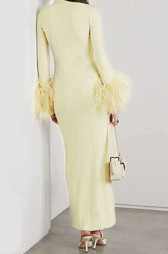 SUPER WHOLESALE | Feather Cuff High-Waist Bodycon Long-Sleeve Dress