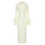 SUPER WHOLESALE | Feather Cuff High-Waist Bodycon Long-Sleeve Dress