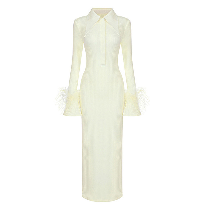SUPER WHOLESALE | Feather Cuff High-Waist Bodycon Long-Sleeve Dress
