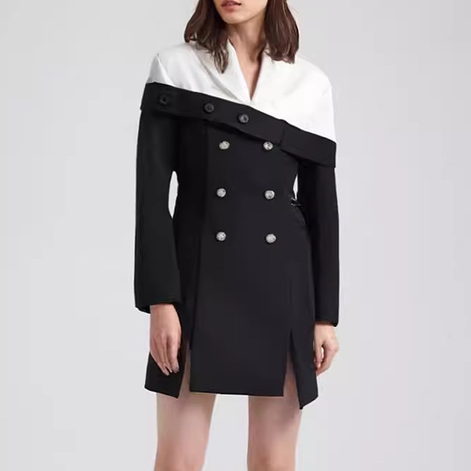 SUPER WHOLESALE | Button-Up Black-And-White Color-Block Blazer Dress