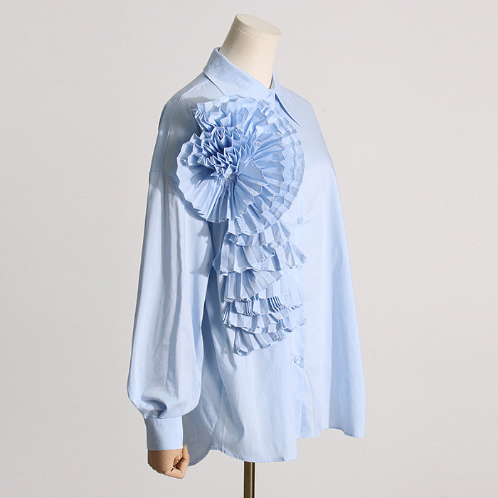 SUPER WHOLESALE | Pleated Patchwork 3D Floral Versatile Shirt for Women