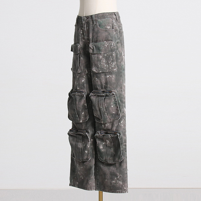 SUPER WHOLESALE | Multi-Pocket Washed High-Waist Camouflage Cargo Wide-Leg Jeans for Women