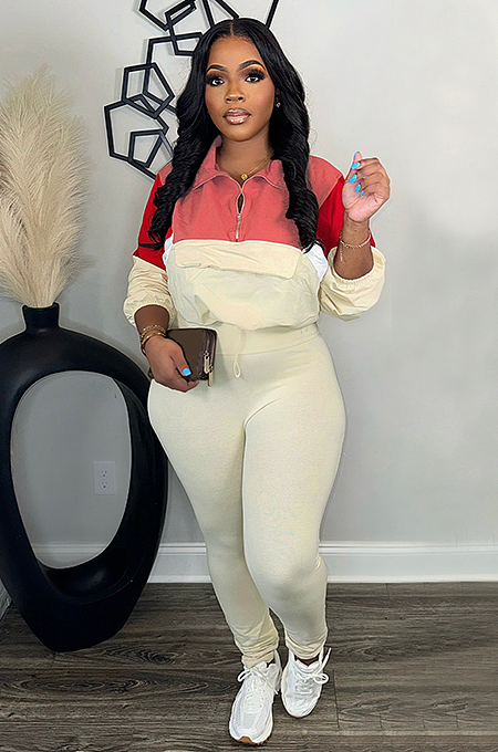 SUPER WHOLESALE | Color-Block Tracksuit With Zipper Hoodie And Leggings Two-Piece Set