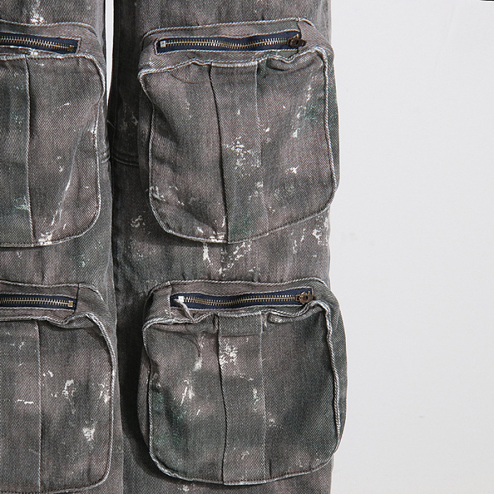 SUPER WHOLESALE | Multi-Pocket Washed High-Waist Camouflage Cargo Wide-Leg Jeans for Women