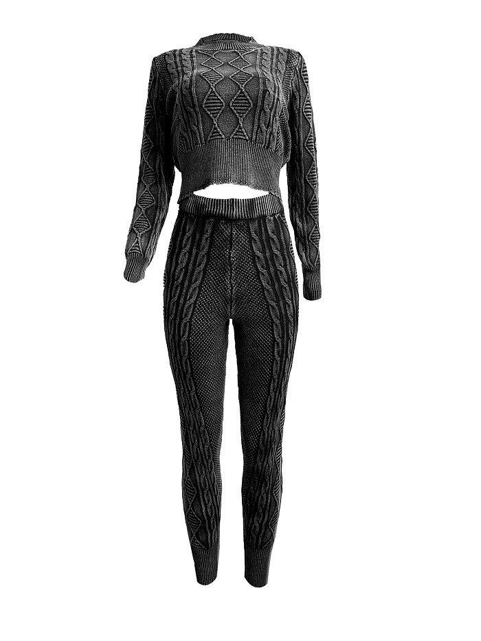 SUPER WHOLESALE | Vintage Washed Cable-Knit Argyle Pullover Sweater Set in Black
