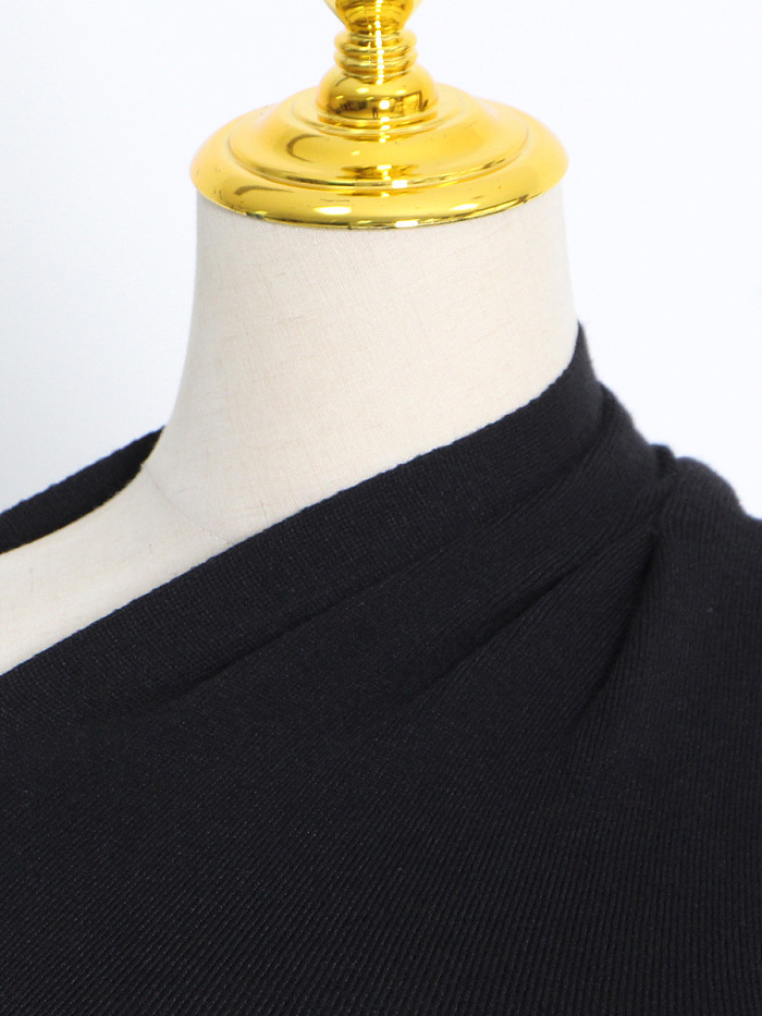 SUPER WHOLESALE | Asymmetric Neck Hollow Solid Slim Fit Sweater