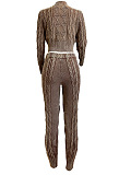 SUPER WHOLESALE | Vintage Washed Cable-Knit Argyle Pullover Sweater Set in Brown