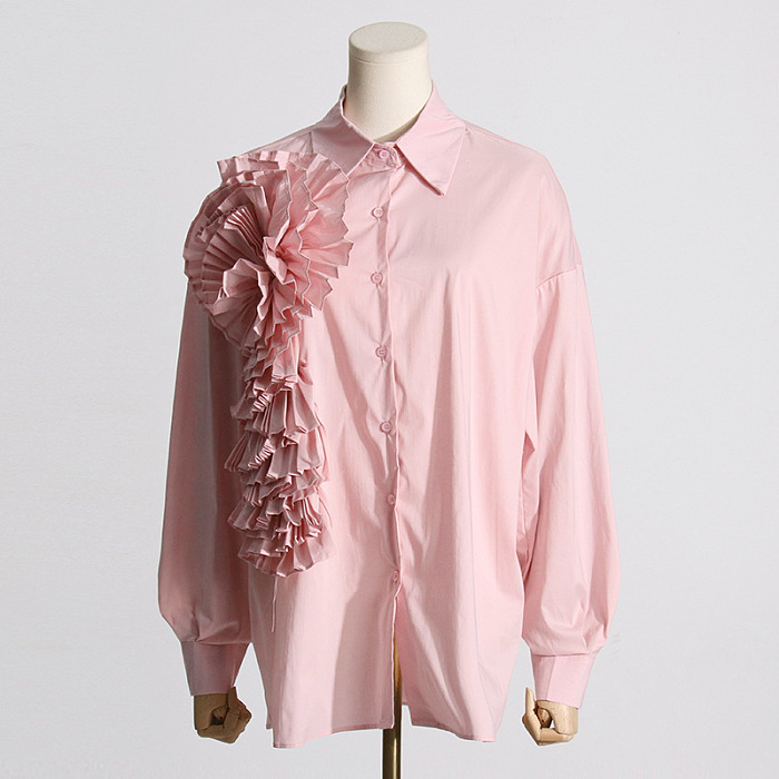 SUPER WHOLESALE | Pleated Patchwork 3D Floral Versatile Shirt for Women
