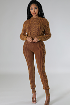 SUPER WHOLESALE | Vintage Washed Cable-Knit Argyle Pullover Sweater Set in Brown