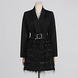 SUPER WHOLESALE | Mesh Patchwork Collared Belted Midi Skirt