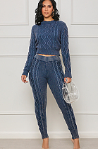 SUPER WHOLESALE | Vintage Washed Cable-Knit Argyle Pullover Sweater Set in Blue