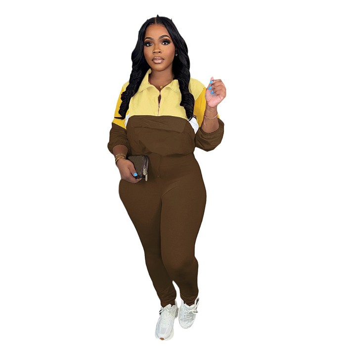 SUPER WHOLESALE | Color-Block Tracksuit With Zipper Hoodie And Leggings Two-Piece Set