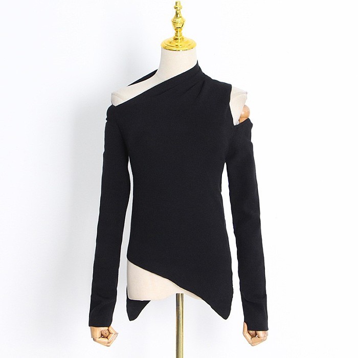 SUPER WHOLESALE | Asymmetric Neck Hollow Solid Slim Fit Sweater