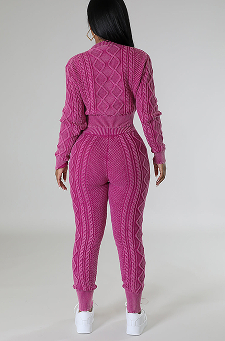 SUPER WHOLESALE | Vintage Washed Cable-Knit Argyle Pullover Sweater Set in Rose