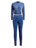 SUPER WHOLESALE | Vintage Washed Cable-Knit Argyle Pullover Sweater Set in Blue