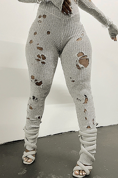 SUPER WHOLESALE | Ripped Slim Fit Knit Bodysuit in Grey