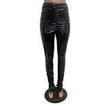 SUPER WHOLESALE | Side-Slit Fleece-Lined Glossy PU Leather Casual Pants