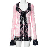 SUPER WHOLESALE | Lace Trim Patchwork Long-Sleeve Top and Skirt Set