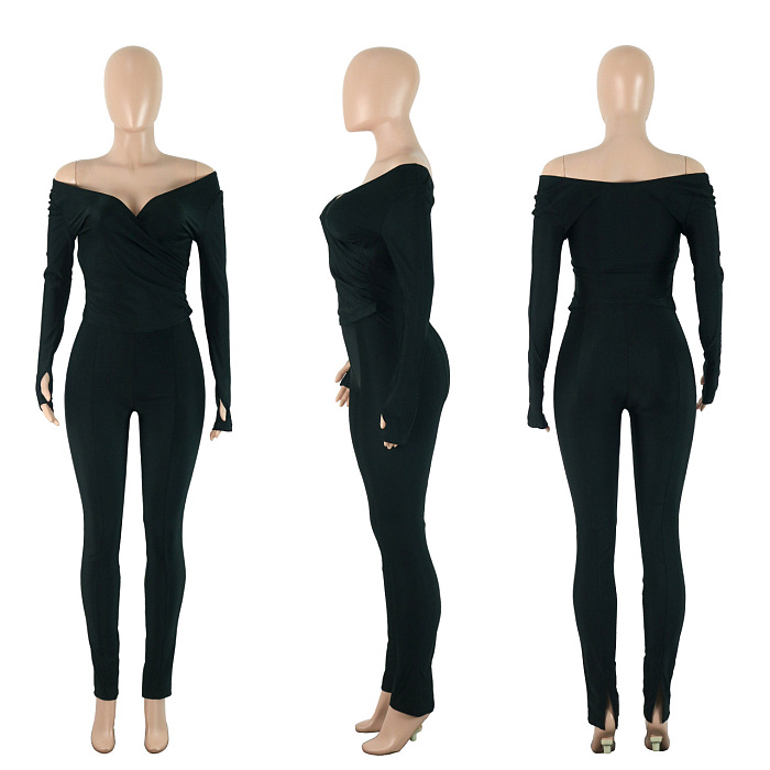 SUPER WHOLESALE | Off-Shoulder V-Neck Fitted Two-Piece Set