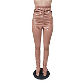 SUPER WHOLESALE | Side-Slit Fleece-Lined Glossy PU Leather Casual Pants