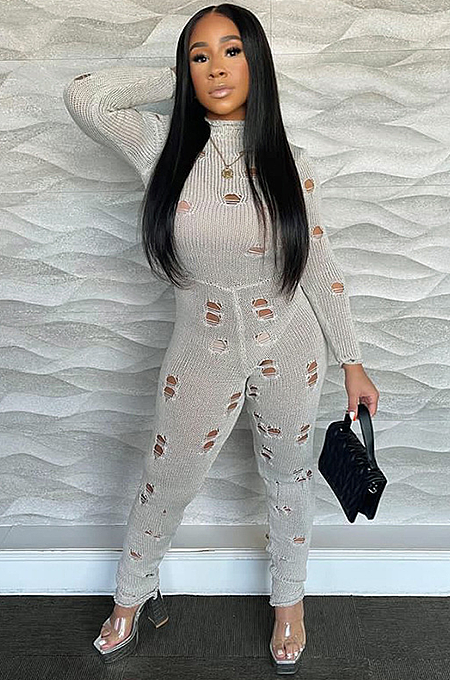 SUPER WHOLESALE | Ripped Slim Fit Knit Bodysuit in Grey