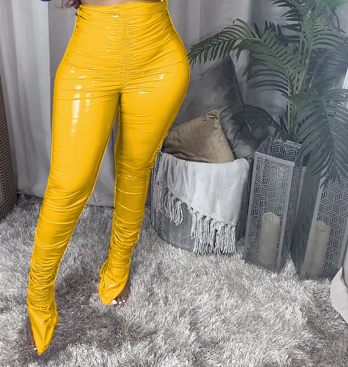 SUPER WHOLESALE | Side-Slit Fleece-Lined Glossy PU Leather Casual Pants