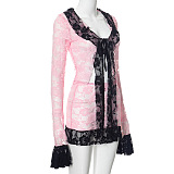 SUPER WHOLESALE | Lace Trim Patchwork Long-Sleeve Top and Skirt Set