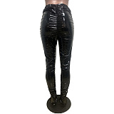 SUPER WHOLESALE | Side-Slit Fleece-Lined Glossy PU Leather Casual Pants