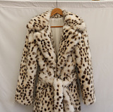 SUPER WHOLESALE | Leopard Print Faux Fur Coat with Fox Fur Long Overcoat