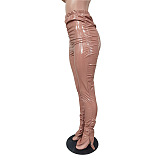 SUPER WHOLESALE | Side-Slit Fleece-Lined Glossy PU Leather Casual Pants