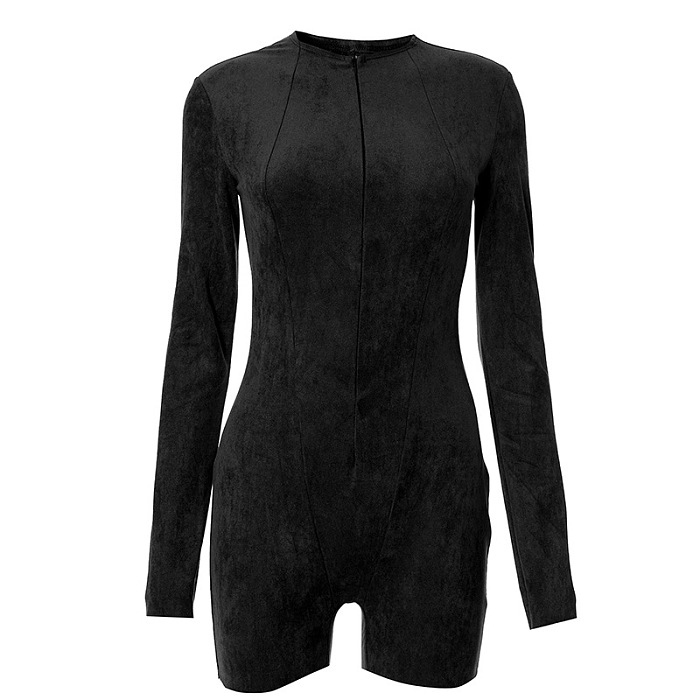 SUPER WHOLESALE | Zipper High-Neck Fitted Long-Sleeve Bodysuit Shorts