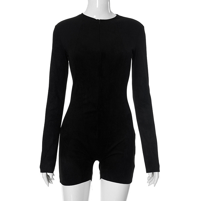 SUPER WHOLESALE | Zipper High-Neck Fitted Long-Sleeve Bodysuit Shorts